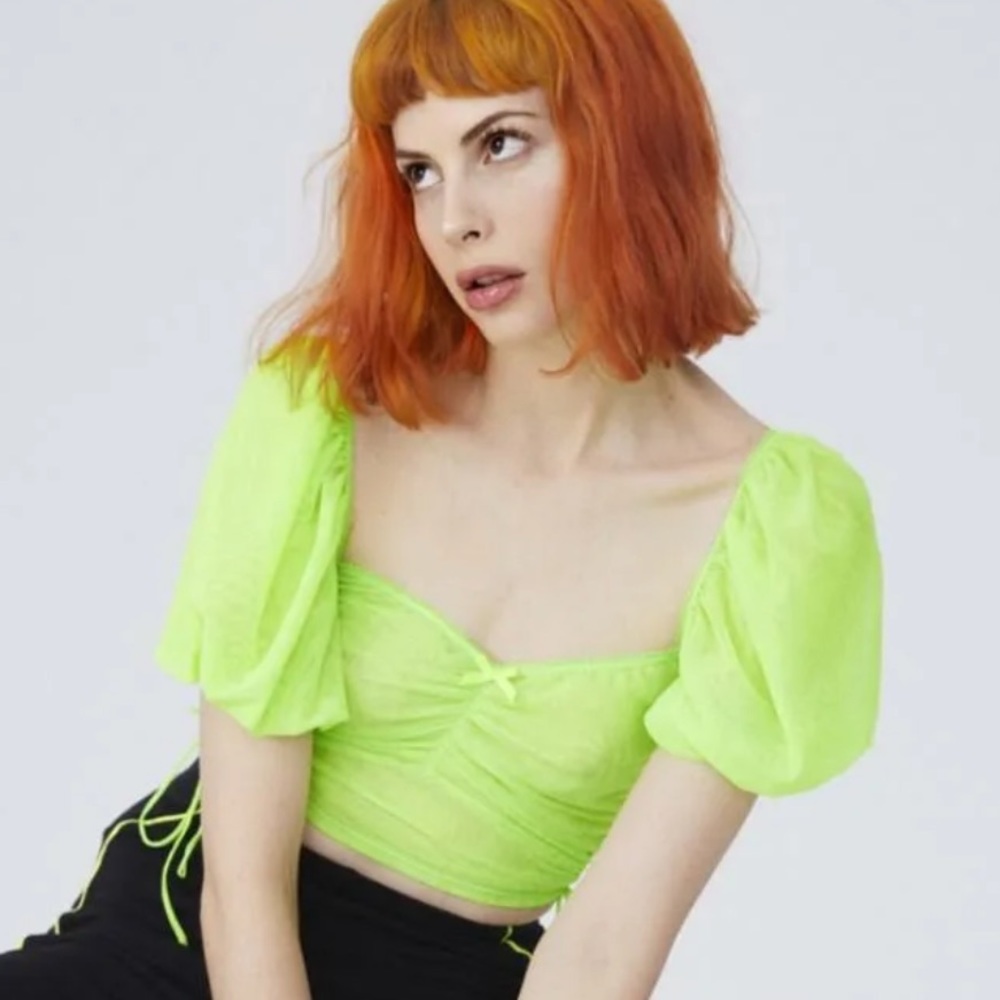 For Love & Lemons Sheer Mesh Puff Sleeve Crop Zipper Back Ties Bright Neon Lime - Picture 1 of 9